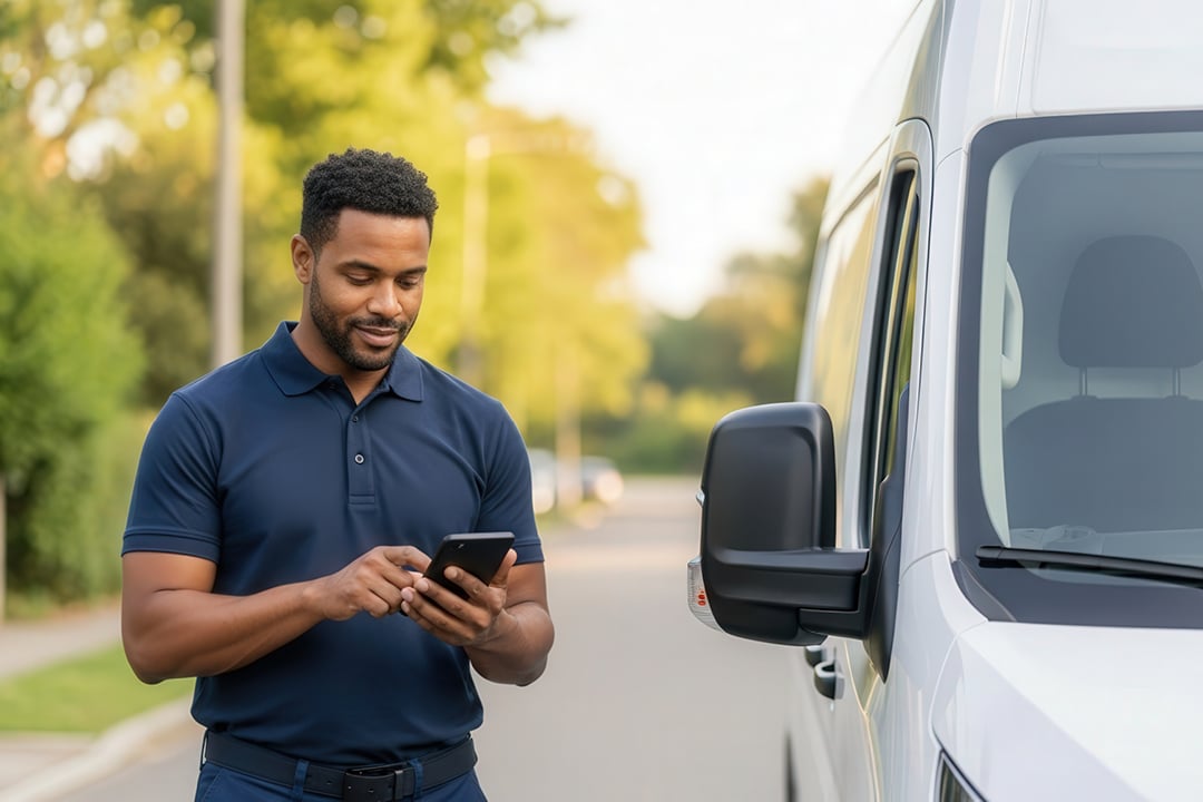 Delivery driver using smartphone beside van on city street